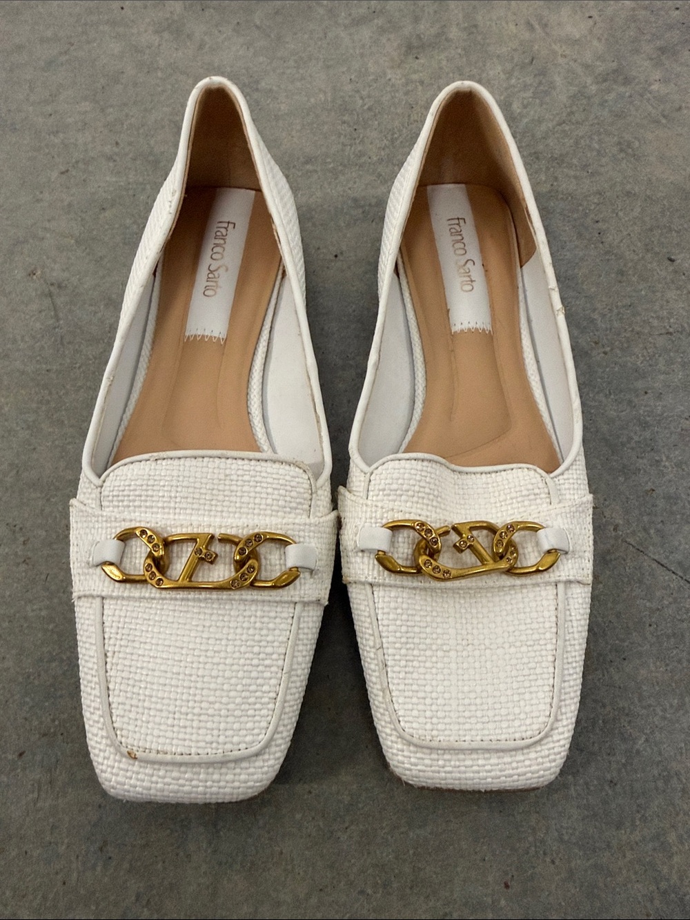 Franco Sarto Cream Textured Loafers with Gold Chain Detail